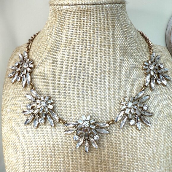 J.Crew Gold Statement Necklace With Rhinestone Floral Design - Picture 1 of 12